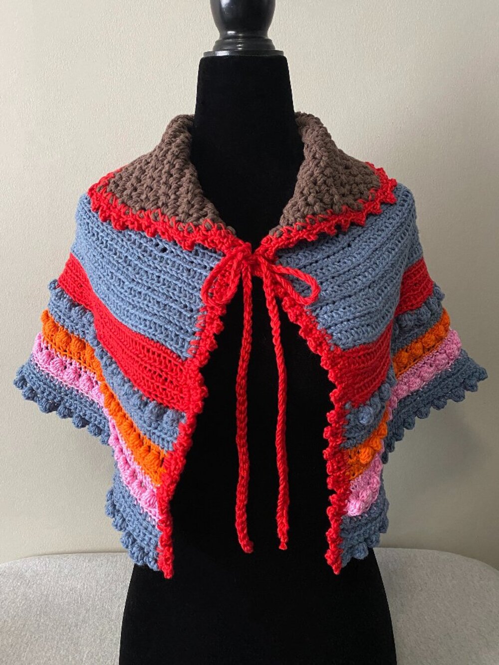 Handmade Crochet Brown Blue Orange Red Pink Cotton Shawl Capelet
